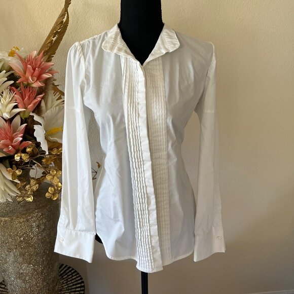 George Stretch Minimalist Pointed Collar Pleated Front Hidden Button Career Top - Picture 1 of 9